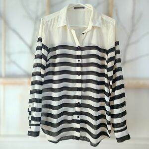 Stylish Black & White Striped Sheer Button-Down Blouse - Medium